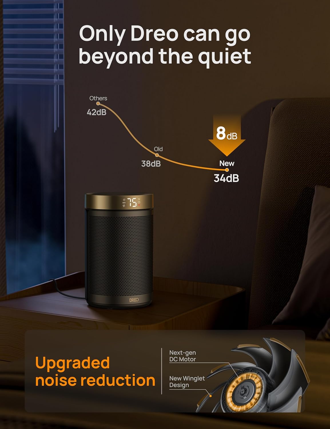 Dreo 1500W Smart Tower Space Heater – Ultra-Quiet Fast Heating with Thermostat, Remote & 12-Hour Timer (Gold)