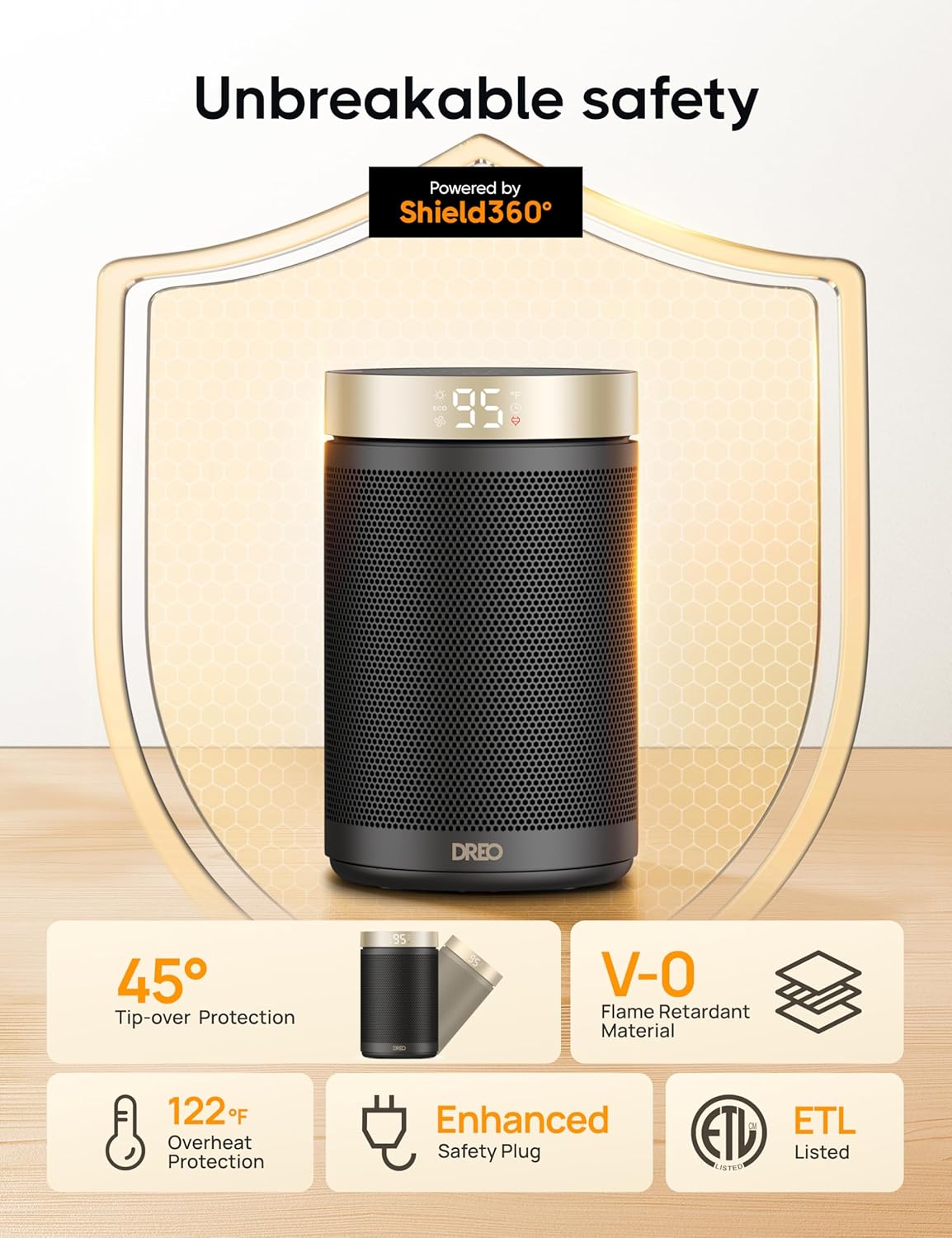 Dreo 1500W Smart Tower Space Heater – Ultra-Quiet Fast Heating with Thermostat, Remote & 12-Hour Timer (Gold)